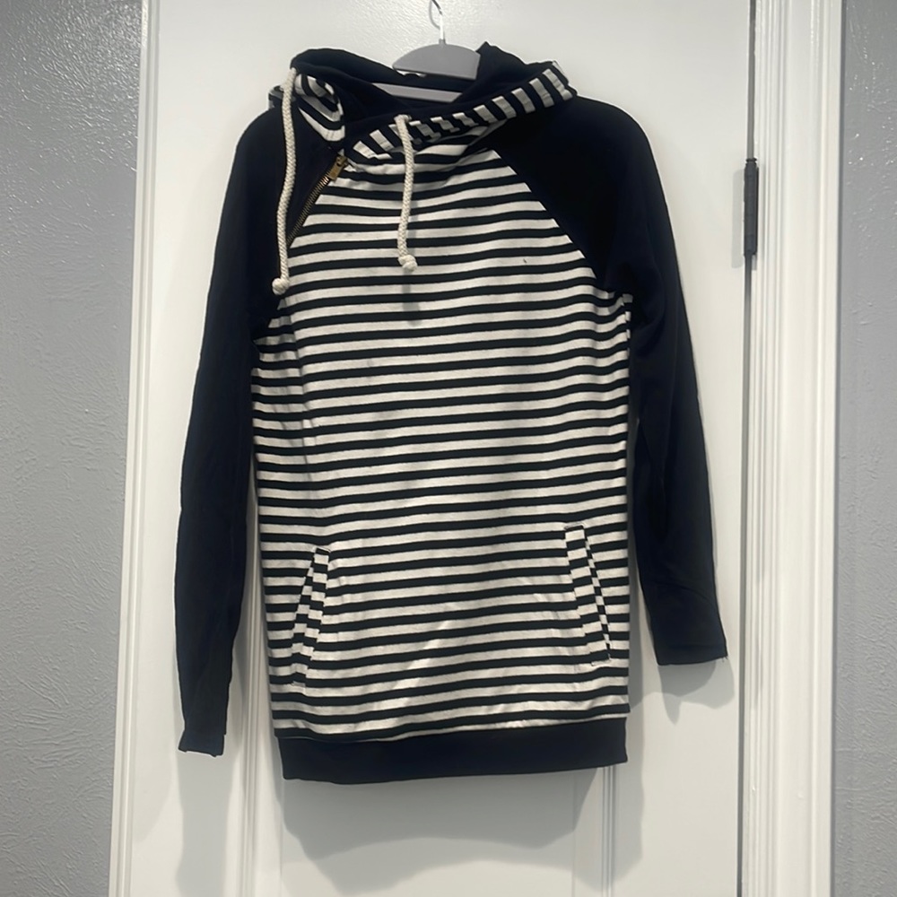 Double hood sweatshirt with thumb holes and asymmetrical neckline